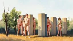 Tema: Desnudo integrado en la naturaleza a través de planos geométricos → Disciplina: Acuarela y fotografía de paisaje → Estética: Postimpresionismo constructivo y primitivo → Lenguaje visual: Planos de color y pinceladas en paralelo que construyen volumen sin línea → Composición: Grupo de figuras desnudas en una arboleda, fusionadas con el paisaje mediante formas cilíndricas, con una figura principal en primer plano → Iluminación: Luz de mediodía, clara y uniforme, que aplana las formas ligeram