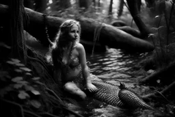 Una sirena perdida en un bosque. Fotografía realizada con cámara Hasselblad. Fotografía en Blanco y Negro.