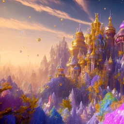 blue gold and violet landscape with multicolored crystals falling from the sky, full of details, smooth, bright sunshine，soft light atmosphere, light effect，vaporwave colorful, concept art, smooth, extremely sharp detail, finely tuned detail, ultra high definition, 8 k, unreal engine 5, ultra sharp focus