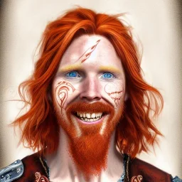 Portrait of Courtney Gains as a ruggedly handsome but joyful roguish pirate, charismatic, attractive male, masculine, perfect, precisely detailed, lightly freckled face, meticulously detailed multi-hued ginger carrot colored cherry fire red hair; Malachai of the corn; fantasy, intricate, elegant, highly detailed, digital painting, artstation, concept art, matte, sharp focus, illustration, art by artgerm and greg rutkowski and alphonse mucha