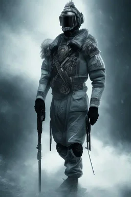 All Black Russian soldier, wearing high tech mask, white smoke, dark, rage, sorrow, high definition, ultra 8 k, volumetric lighting, blue fire, fog