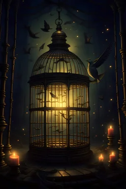 I needed to create a non-realistic illustration in a fantasy style, expressing the theme of freedom. The content of the picture is that in a dark, luxurious, retro banquet scene, the bird breaks out of the cage and rushes towards freedom and light.