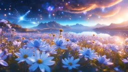 beautiful cosmic ambience galactic orbital stations pure harmony, soft blue, soft blue, smile, galactic, magic, sunrise,transcendent, divine, warm look, fantastic magical white and blue flowers background, ultra sharp focus, ultra high definition, 8k, unreal engine5background, colored lake, ultra sharp focus, ultra high