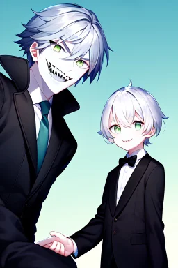 plauge doctor in balck leather coat and suit with silver hair, pale skin and bright green eyes smiling with sharp teeth, nice young face, male, viscious smile, face close look