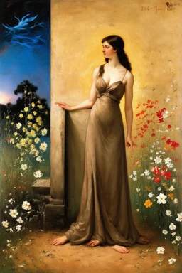 Night, one woman, house, dirt, flowers, vegetations, arnold bocklin, and henry fuseli paintings
