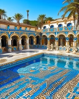 A blue water park resort paradise on a beach designed in ancient Roman mosaics painted by Henri Matisse