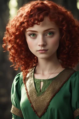 fifteen-year-old girl with a very short blood-red curls, green eyes, dressed in a green tunic