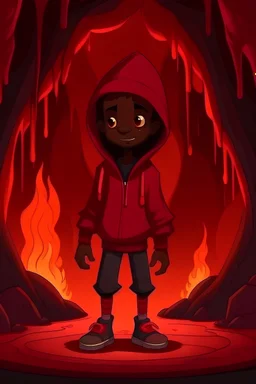 a brown skin coloured cartoon boy with big head standing in a cave with an evil smile and hes wearing black hoodie and red pants with black shoes with red and pink fire around him