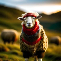 An Icelandic sheep with a funny face wearing a traditional icelandic woolen sweater with a pattern