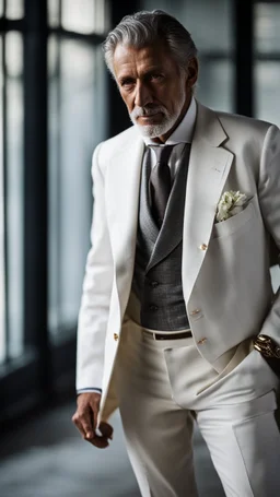 Portrait of a handsome older italian gentleman wearing crisp white linen suit, and an open necked shirt. His dark hair is peppered with grey, his neatly trimmed beard is dark and peppered with grey