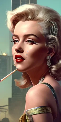 Marilyn Monroe, smokes a cigarette, cyberpunk2077, photorealistic illustration, 4k