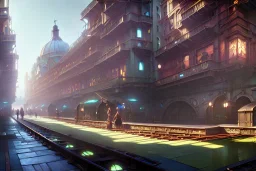 Trai Elevated Corner Trainstation in Italian village sea+liguria+alphonse mucha, greg rutkowski,matte painting, cryengine, hyper detailed, felix kelly, fantasy art, seb mckinnon