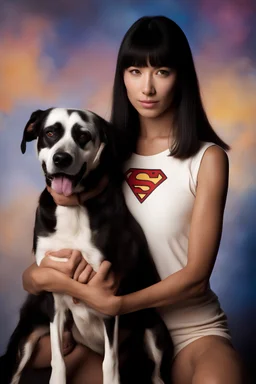 an extremely muscular 18-year-old Leonarda Spockinski Nimoy with long, straight black hair, the bangs cut straight across the forehead, as Krypto the Superdog - gradated Background, professional quality studio 8x10 UHD Digital photograph by Scott Kendall - multicolored spotlight, Photorealistic, realistic stock photo, Professional quality Photograph. colored Fog - Multicolored lightning, 3D heart