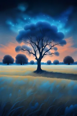 landscape. a field with blue grass. trees with blue foliage. the cosmic sky. a lonely tree.