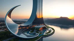 A futuristic skyscraper designed with sweeping hyperbolic curves, where the entire façade is made of reflective glass. The building rises gracefully toward the sky, with its symmetrical hyperbolic arc creating a sense of balance and elegance. Surrounding the structure are lush gardens and flowing water features that mirror the curves of the building. There are mountains in the distance. Beautiful lighting at sunrise. Award-winning photograph.