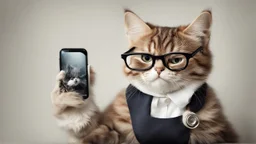 very clever cat with glasses and with smartphone.