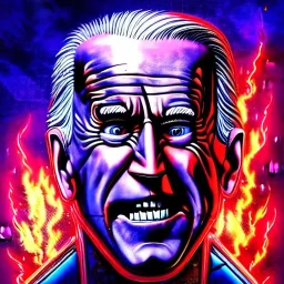 CRAZY Joe Biden caricature,, cyberpunk, landscape, transformers, hi-tech robots, GUITARS, cinematic, highly detailed, close up, 4k, deep colors, gold, fire, red, purple, dark, ethereal, utopia, apocalypse, flying Cadillac, from outer space