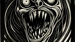 This is a highly stylized, black-and-white drawing with bold, contrasting colors. The central figure is a humanoid creature with exaggerated features, depicted in a realistic, yet exaggerated manner. The creature's face is contorted into an expression of extreme anguish, with its mouth open wide, revealing sharp teeth. Its eyes are wide and filled with terror, and its eyebrows are arched. The creature's skin is covered in black spots, reminiscent of leopard spots, adding to its wild and menacing