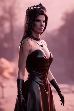 Young Sandra Bullock as evil queen in black leather gown, angry, busty, curvey, cleavage, unreal 5, octane render,cinema4d, dynamic lighting, dramatic lighting, 4k, redshift render, highly detailed, hyper realistic