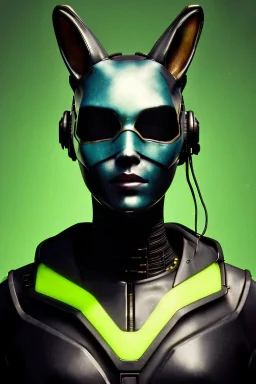 Medium Close Up Portrait, Front image. cyberpunk, rabbit mask, teenager, asian woman, cyber helmet head. Latex dress. Yellow, black, color. Mad max style. Color background, photo studio. Front image, highly detailed, concept art, smooth, unreal engine 5, ray tracing, RTX, lumen lighting, ultra detail, volumetric lighting, 3d, finely drawn, high definition, high resolution.