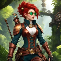 Meet Elara Gearheart, a daring steampunk adventurer with an intricately designed brass-and-copper exoskeleton that enhances her agility and strength. Sporting a pair of goggles perched atop her wild, copper-red hair, she navigates lush jungles and forgotten ruins with her versatile gear, including a steam-powered grappling hook and a clockwork compass that always points to adventure. Adorned in a tailored leather duster and fitted corset