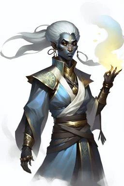 Air genasi fra d&d with black skin smoke some hair an Asian skin