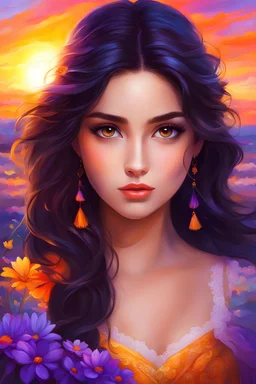 Masterpiece, best quality, digital painting style, adorable digital painting, beautiful fantasy art, colorful. The girl with the dark hair and bold eyes watches the sunset, with a kindness untold, in hues of orange, purple, and gold. Behold this vibrant world, so beautiful in its display. Spring's breath whispers through the air, painting nature in colors beyond compare. Her soul shimmers, reflecting the vivid flair of the sky. This moment is frozen, forever to share.