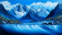 A realistic oil painting of majestic mountains with blue slopes and intricate details, capturing the essence of natural beauty., The mountains with blue slopes laugh and below in the water the fish cry and all the water is their tears