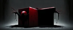 a faceless creature covered in blood holding up an empty black box