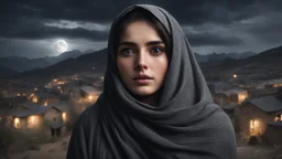 Hyper Realistic close-up-photographic-view of Beautiful-Pashto-Girl covering her face with grey-shawl with beautiful eyes wearing-black-dress standing outside village-houses giving-bold-expressions on mountain-top at night with cloudy-moonlight showing dramatic & cinematic ambiance