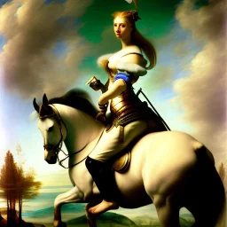 fullbody portrait of beautiful booty busty blonde with big green eyes woman riding a horse by Artemisia Gentileschi 8k