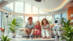 Futuristic family living in a luxurious future home, exciting technology, sustainable technology, solar power, water turbine, wind turbine, happy children, beautiful clothing, happy robots, lots of house plants, colour photograph