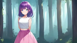 in the middle of a forest riding a bike imagine one e-girl in a pink skirt and a white crop top who has long purple hair and blue eyes. she is hiding her hands behind her back