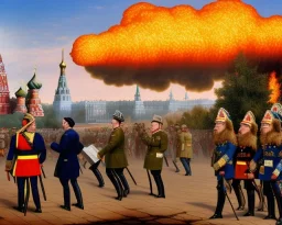  Russia president Vladimir Putin hold atom bomb, Moscow in fire