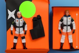 Mike pence G.i. Joe toy doll Space force uniform inside a blister packaging hanging on a Wallrack in toystore, fluorescent orange, wide angle shot whole body, black moonboots, fullsize, bright green pricetag,