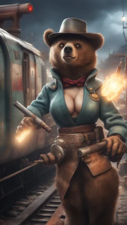 bear with rolling pin and flashy magazine cover illustration, fallout 4 docks setting, horror weird cowboy wizard cyberpunk weasel in female garments on top of train ,holding dynamite, getting hit by lightening electric arc, with big disturbed eyes,bokeh like f/0.8, tilt-shift lens 8k, high detail, smooth render, down-light, unreal engine, prize winning