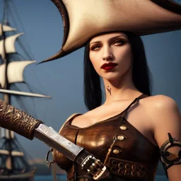 realistic, young model with sword, short black hair. holding a sword black tatoo on arm. dressed a steampunk pirate, bra with carved leather. Salvador dalì style. Ships in background with high details. 4k, unreal engine.