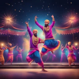 Hyper Realistic Punjabi Bhangra Dance At Night with celebration stage background