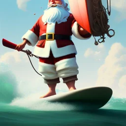 Santa standing of surfboard surfing a big wave, empty hands, beach, character design by cory loftis, fenghua zhong, ryohei hase, ismail inceoglu and ruan jia. unreal engine 5, artistic lighting, highly detailed, photorealistic, fantasy