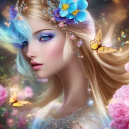 bright fairy, unic beautiful kind portrait, blond hair,blue eyes, flowery luminous pastel colors, butterfly