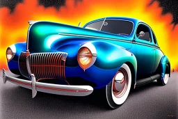 a true-to-life 1940 ford coupe, two-tone paintwork, classic hotrod wheels, pen and color marker, centered, intricate, extreme detailed, photorealism, center view, stylized random background, pivot on ford, painting by cheryl kelley