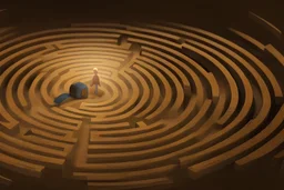 one man in the center of a round maze, concept art, sharp focus, illustration, Exquisite details and textures, highly detailed