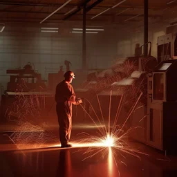 Imagen fotorrealista deun trabajador de fábrica en España, rodeados de chispas que salen de las máquinas, dramáticamente iluminadas por el resplandor ardiente de las chispas. La atmósfera es intensa pero laboriosa, con sombras proyectadas por la luz tenue que agregan profundidad. Los detalles clave incluyen las expresiones dinámicas en los rostros de los trabajadores, que reflejan concentración y determinación, dentro de un fondo industrial bullicioso, que muestra maquinaria y herramientas. La c