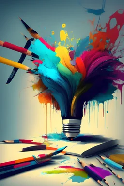 Brainstorming ideas, brushes, technology, artistic colorful