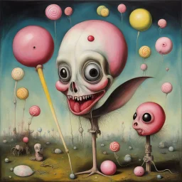 Hieronymus Bosch oil painting, Lollipop guild vivisection, saccharine anthropomorphic lollipop person dissection, bright primary pastel colors, dynamic diagonal composition, sinister atmosphere, weirdcore, by Stephen Gammell, by Michael DeForge, octane render, creepy, by Jim Woodring,