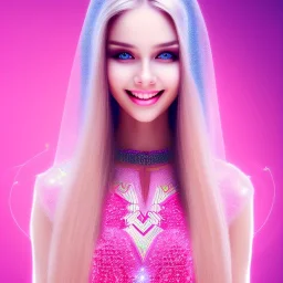 beautiful, soft, smiling face, whole head, long straight blonde hair blues eyes, crown on the head, clothing in transparent bluish and pink veil, background brillante bluish and pink,