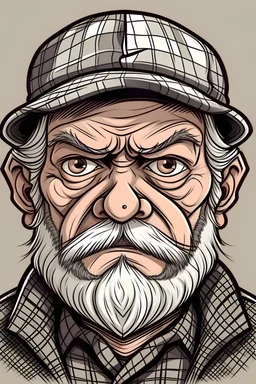 old man, face, angry look, beard, gray hair, checkered eight-piece cap, checkered jacket, drawing, cartoon style