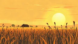 illustration of rural village and background field in the scorching sun; the plants are wilted