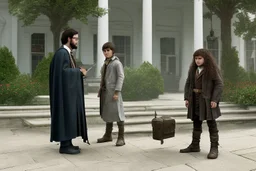 realistic young Harry Potter talking to Rubeus hagrid in front of white house