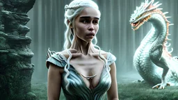 whole body image of beautiful Daenerys Targaryen in a mystical enchanted forest standing next to a dragon, HD 8K, sharp detail, hyperrealistic photo accurate face and features, cinematic lighting